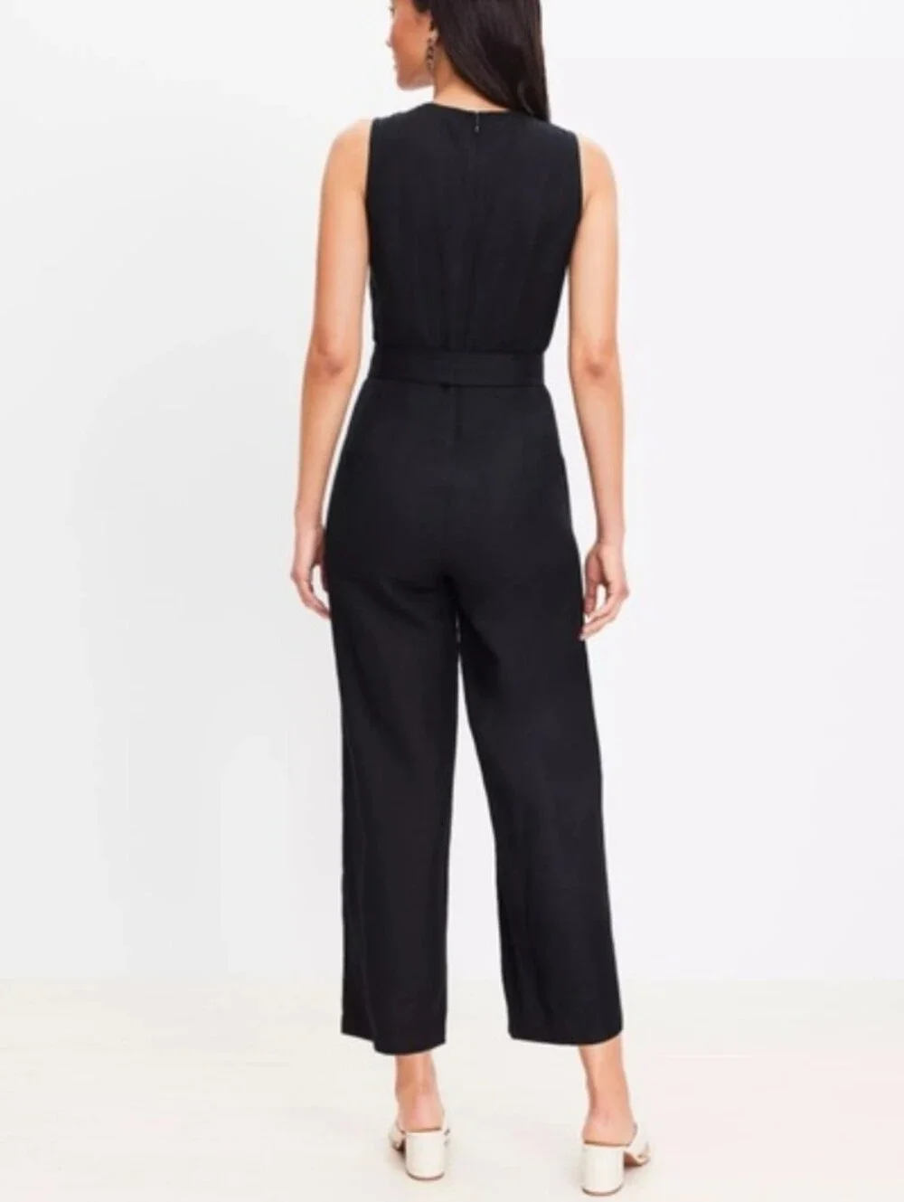 Black Linen Wide Leg Belted Jumpsuit Minimalist Pockets Sz 14 - Picture 3 of 12